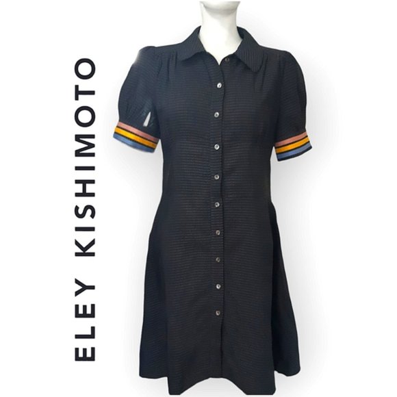 Eley Kishimoto polkadot striped puff sleeve collared button up dress size 8 - Picture 11 of 11